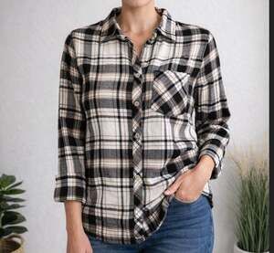 Eddie Bauer Women's Black Gray Plaid Flannel Button Down Shirt Medium Gorpcore